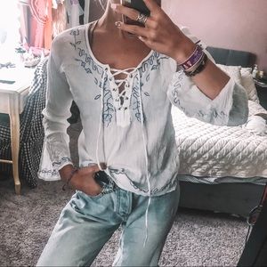 Vintage Embroidered Lace Up Blouse